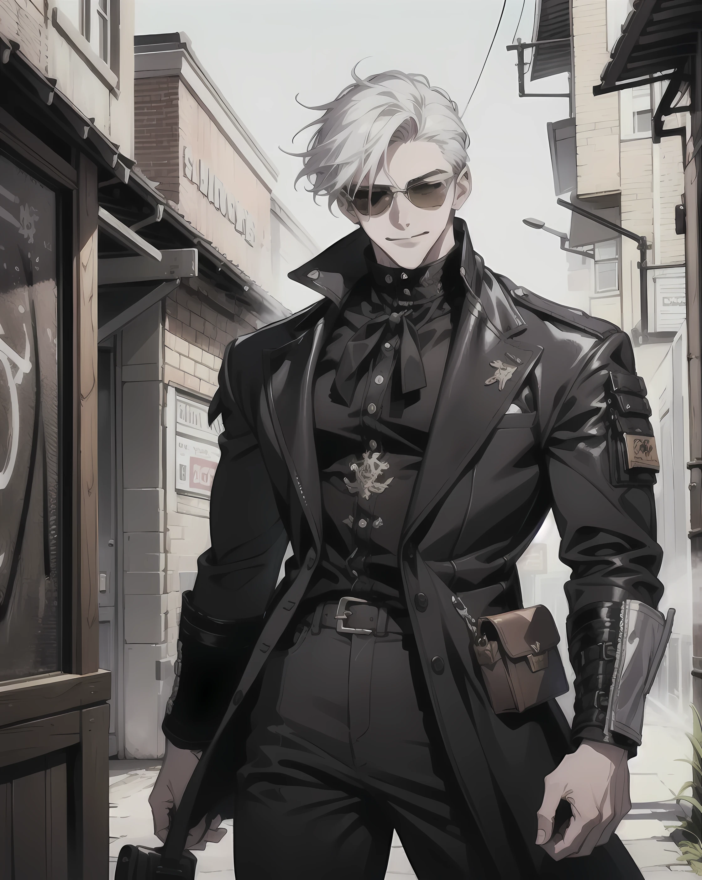 A 23-year-old man in a manhwa style, male, short white hair, badass, disheveled, tall, slender, broad chest and shoulders, handsome, smiling, sunglasses, wearing a white long-sleeved sweatshirt, ripped jeans, white sneakers, and striking a victory pose in a street.