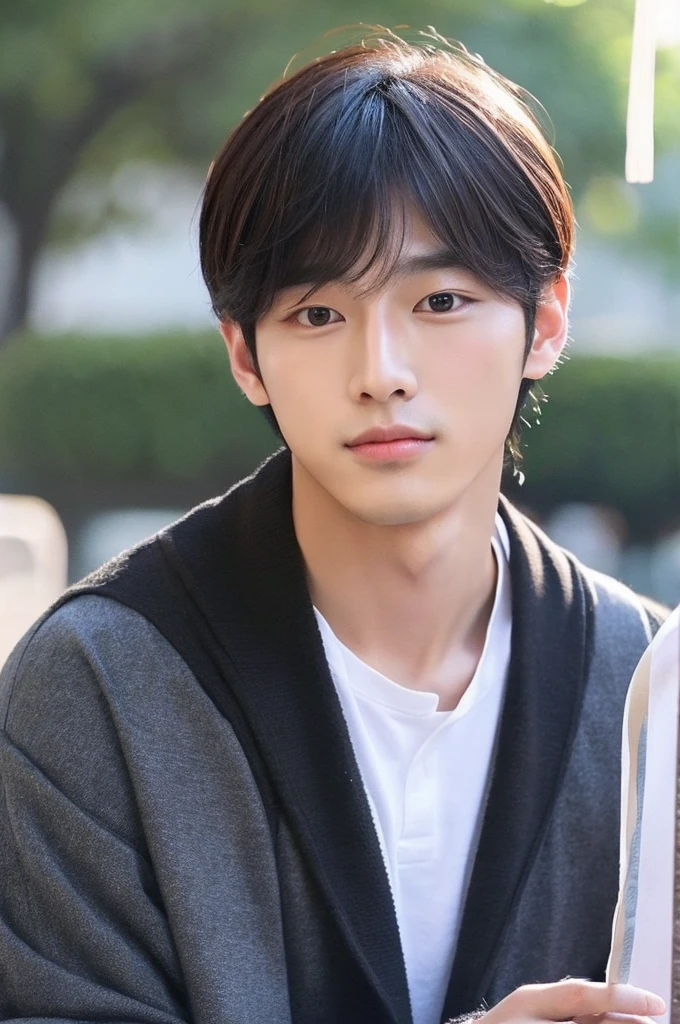 Create a Korean-style handsome guy who is popular on Tinder。Please part your bangs in the center。