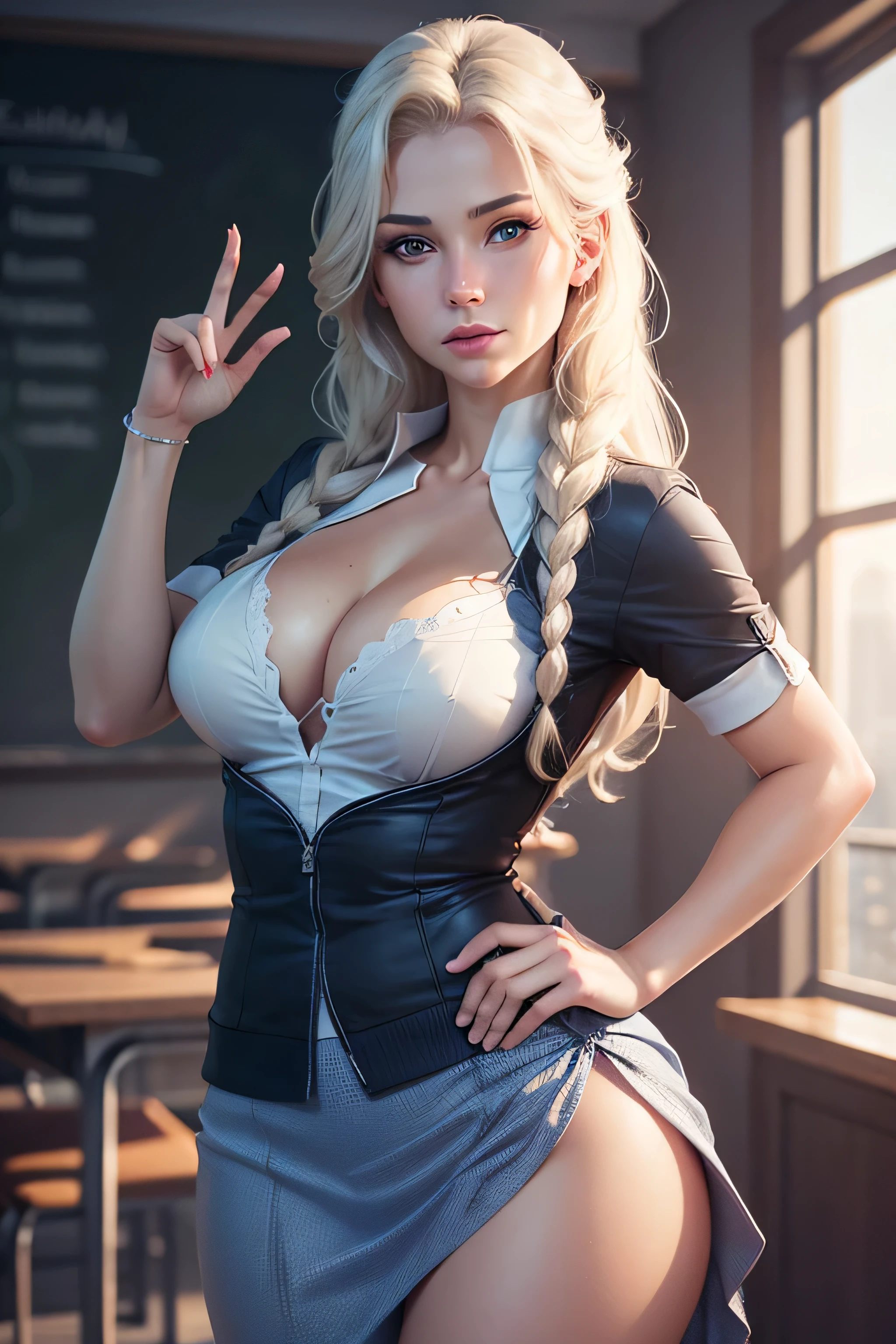 realistic elsa,with sexy student skirt is school class, 8k resolution, (best quality: 1.1), (anatomically correct: 1.1), (perfect hand: 1.1 ), ( (Facial Detail: 1.3)), (Skin Detail), (Perfect Eyes), (Perfect Nose), (perfect hand fingers)