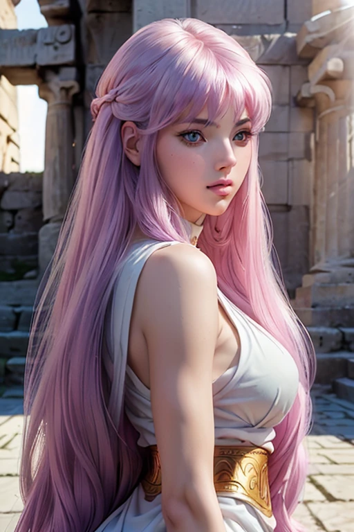 Masterpiece, a beautiful 18 years old hot girl with lilac hair, long wavy strawberry lilac hair, bangs over the forehead, eyes light grey-blue, (wearing an sexy ancient greek doric tunic, wearing a Strophion, wearing a Peplos, slender hot body, big tits, hot hips, hot long legs, 1girl, purity, pale skin pores texture, ultra high quality, 4k, anime cinematic, ultra quality, natural lighting, depth of field, realistic anime, wrinkled skin, pale skin, sharp, anatomically and proportional full body shot, looking sensually at viewer, noble, chapped lips, soft natural lighting