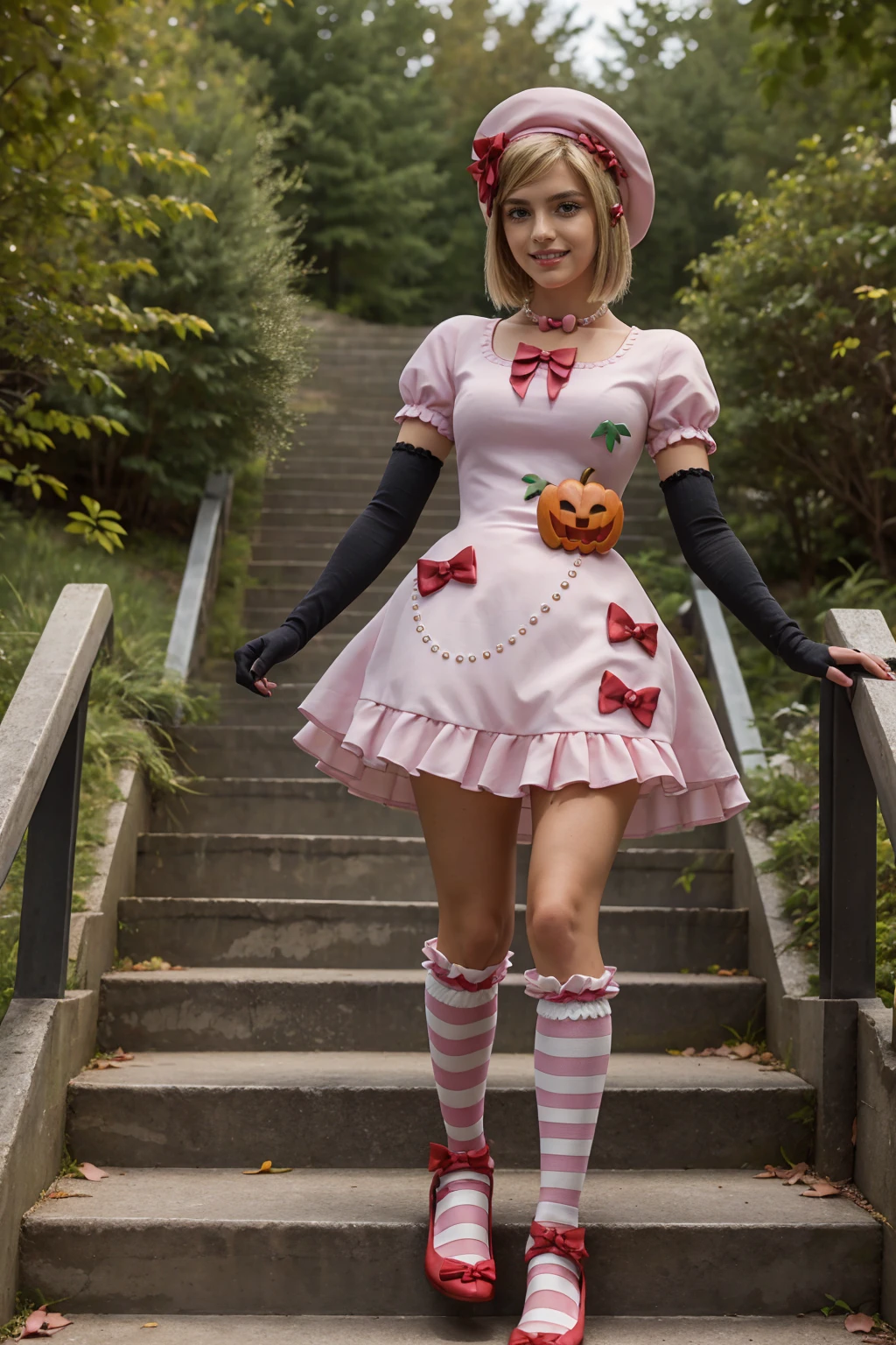 (masterpiece),(best quality), 16k CGI render ((photography)), photorealistic, lambdadelta, dress, shoes bow, red shoes, striped stockings, red bow, pink hat, pumpkin brooch, necklace, gloves, pearl, walking, smile, stairs, temple, mountain, forest, looking at the viewer, close up, pretty face, gorgeous, nice legs