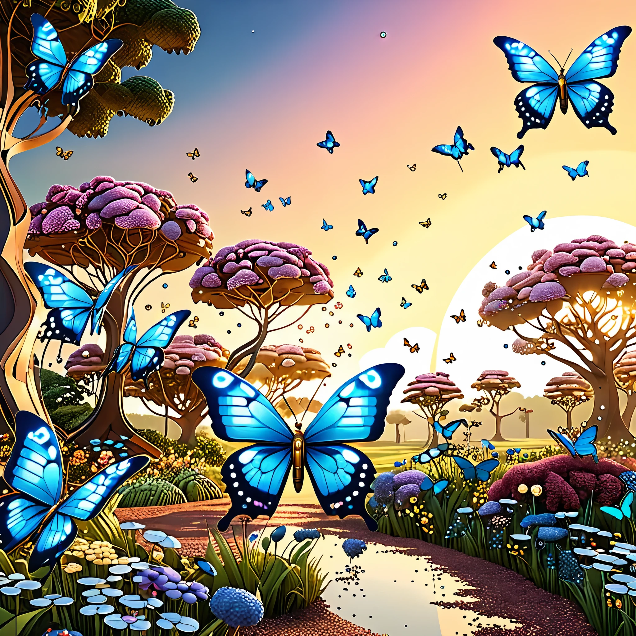 Playfully blend AI and organic elements in a whimsical landscape, featuring robotic butterflies pollinating pixelated flowers and quirky talking trees.