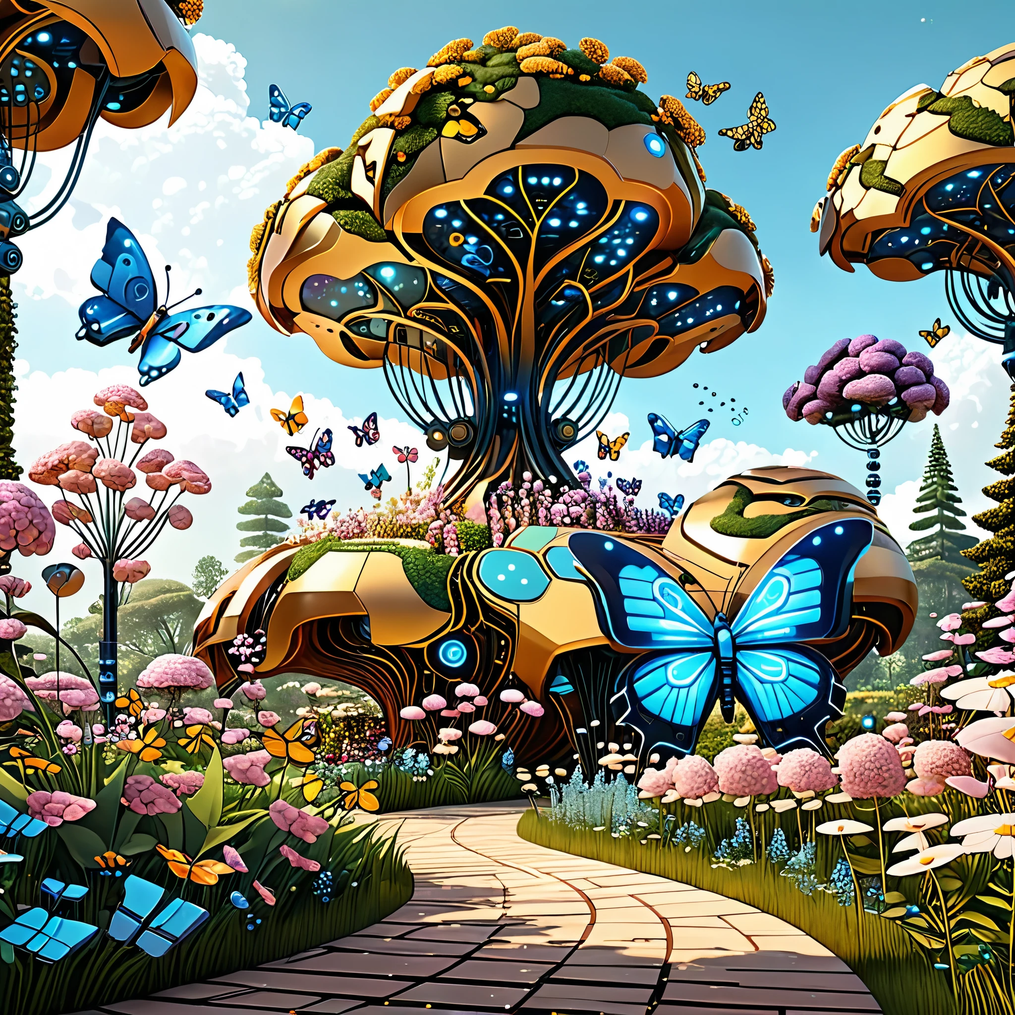 Playfully blend AI and organic elements in a whimsical landscape, featuring robotic butterflies pollinating pixelated flowers and quirky talking trees.