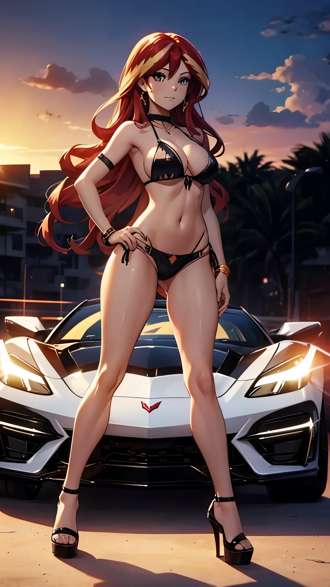 sunset shimmer wearing a tiny bikini and high heel shoes standing next to a corvette on a stage, underboob, pokies