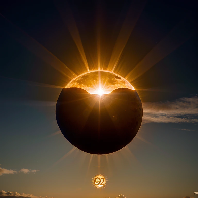 Uma foto realista de eclipse solar, Mathematics letter pi symbol appearing, highlight the year 2023 and the mathematical word of life