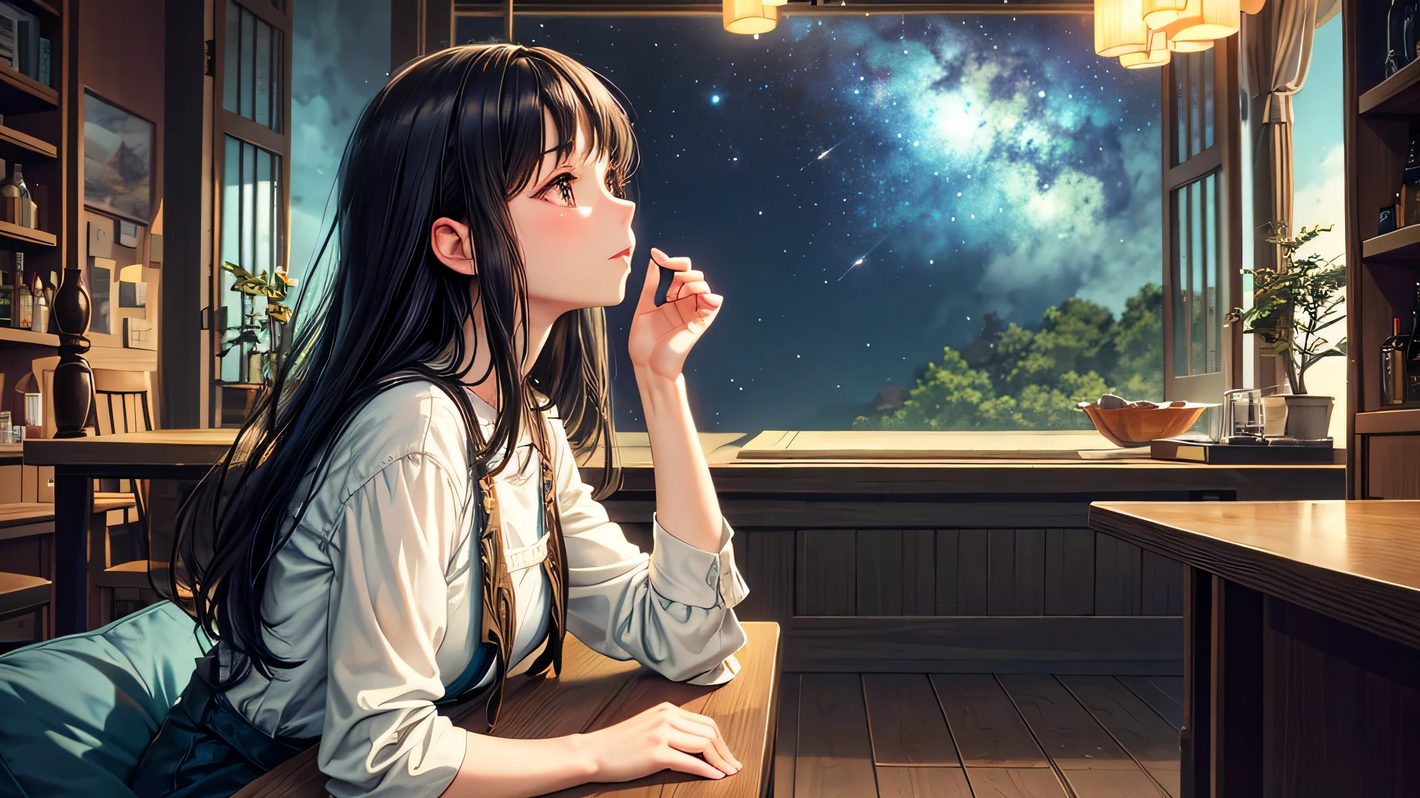 Singular light, alone, woman, cosmic, fantsy, looking away:1.4, adult, busty, Ghibli-like design, living room, sitting, dark hair, studying, face seen from the side, Completely sideways,landscape orientation, side view, bar