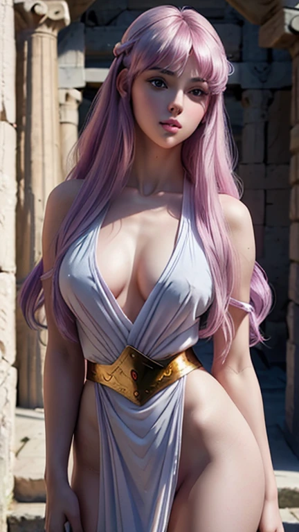 Masterpiece, a beautiful 18 years old hot girl with lilac hair, long wavy strawberry lilac hair, bangs over the forehead, eyes light grey-blue, (wearing an sexy ancient greek doric tunic, wearing a Strophion, wearing a Peplos, slender hot body, big , hot sexy, hot hips, hot long legs, 1girl, purity, pale skin pores texture, ultra high quality, 4k, anime cinematic, ultra quality, natural lighting, depth of field, realistic anime, wrinkled skin, pale skin, sharp, anatomically and proportional full body shot, looking sensually at viewer, noble, chapped lips, soft natural lighting
