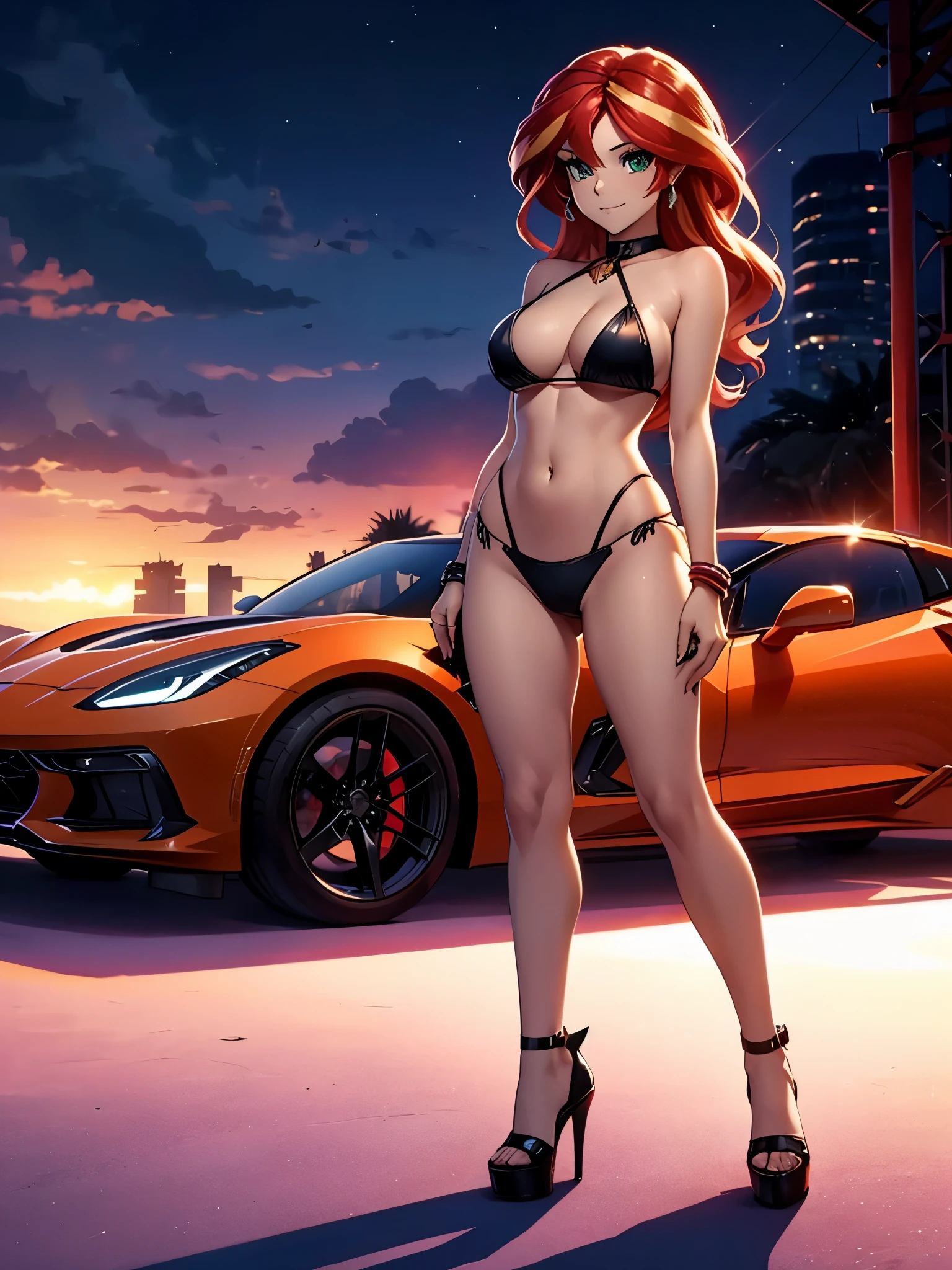 sunset shimmer wearing a tiny bikini and high heel shoes standing next to a corvette on a stage, underboob, pokies