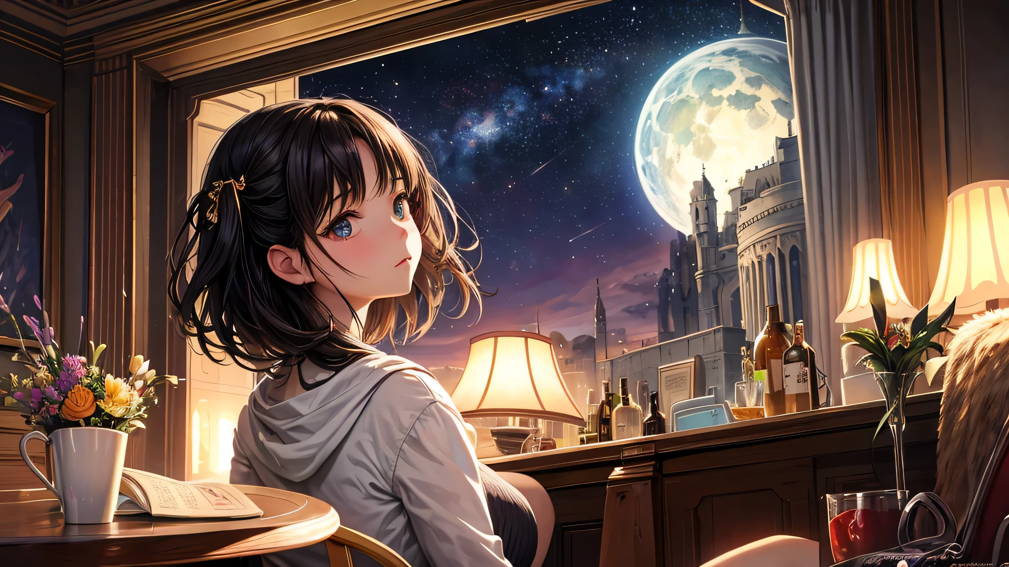 Singular light, alone, woman, cosmic, fantsy, looking away:1.4, adult, busty, Ghibli-like design, living room, sitting, dark hair, studying, face seen from the side, Completely sideways,landscape orientation, side view, bar