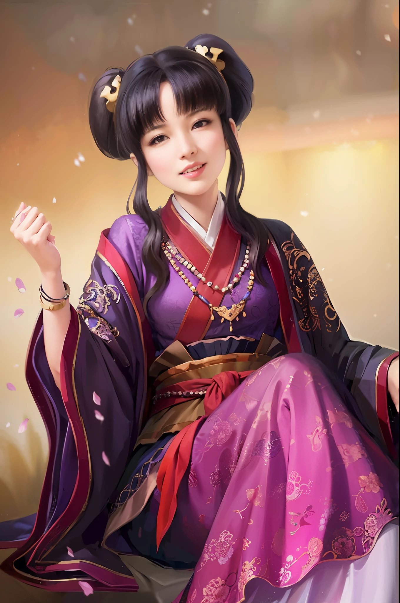 Arav woman in purple kimono sitting on a chair, beautiful figure painting, beautiful fantasy queen, palace ， A girl wearing Hanfu, Inspired by Lan Ying, ancient chinese princess, inspired by trees, chinese princess, Inspired by Zhu Lian, Inspired by Wu Li, Inspired by Li Tang, Inspired by Qiu Ying, Inspired by Puhua