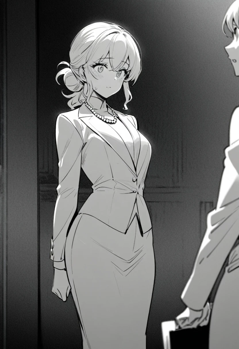 (highest quality、masterpiece:1.2) 1 woman, (Dark skinned woman), short hair, white hair, yellow Eyes, (little glasses), ((white tailored jacket, black shirt, long skirt)), sharp eye, (cleavage), little earring, (off shoulder), leather gloves, domino mask, pose, stretch, naughty face, medium breasts
