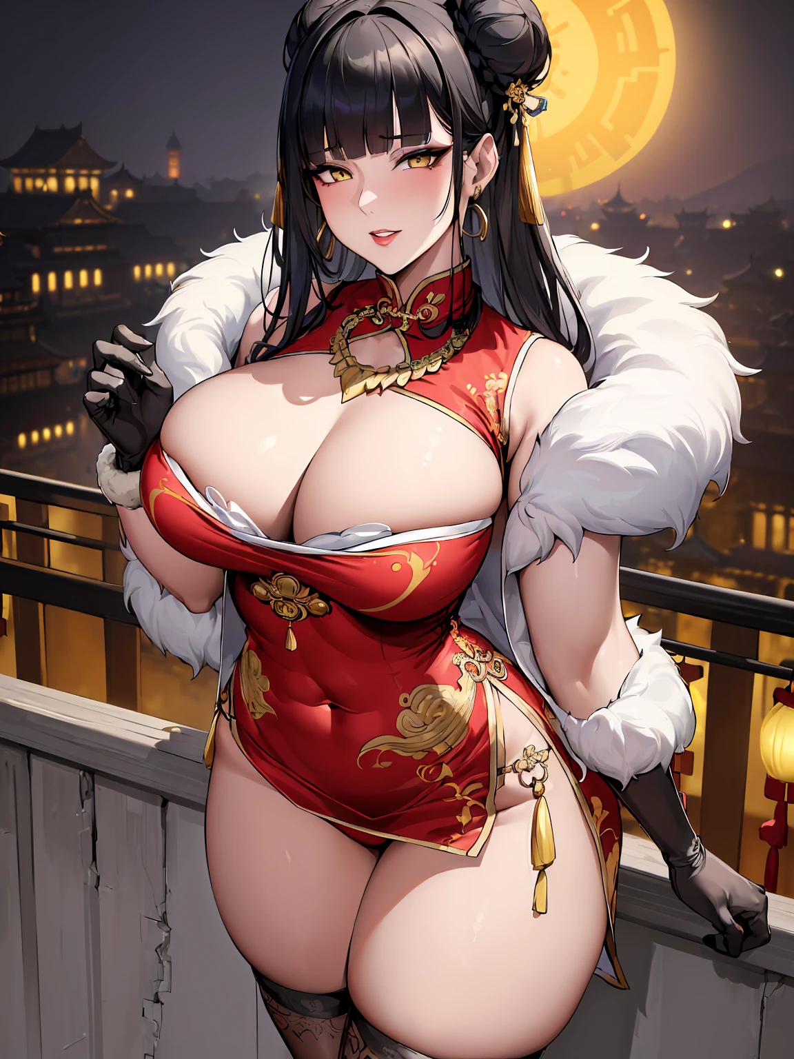 (((absurdres))), (((masterpiece))), (((best quality))), ((ultra-detailed)), ultra high quality, realistic, (real picture, intricate details, depth of field), (1girl, solo), make up, parted lips, highly-detailed, perfect face, (((mature woman, milf))), (large breasts, thick thighs, wide hips, attractive waist), (skindentation), tall, glossy lips, ((toned abdomen)), sexy, blushing, (black hair, blunt bangs, hair bun), necklace, earrings, (beautiful yellow eyes)), ((qipao, pelvic curtain, cleavage, fur jacket, sleeveless, stockings, gloves)), ((jewellery, necklace, hair ornaments, hair accessories, earrings, bracelets)), alluring smile, (((night, chinese city))), ((erotic pose, standing)),
