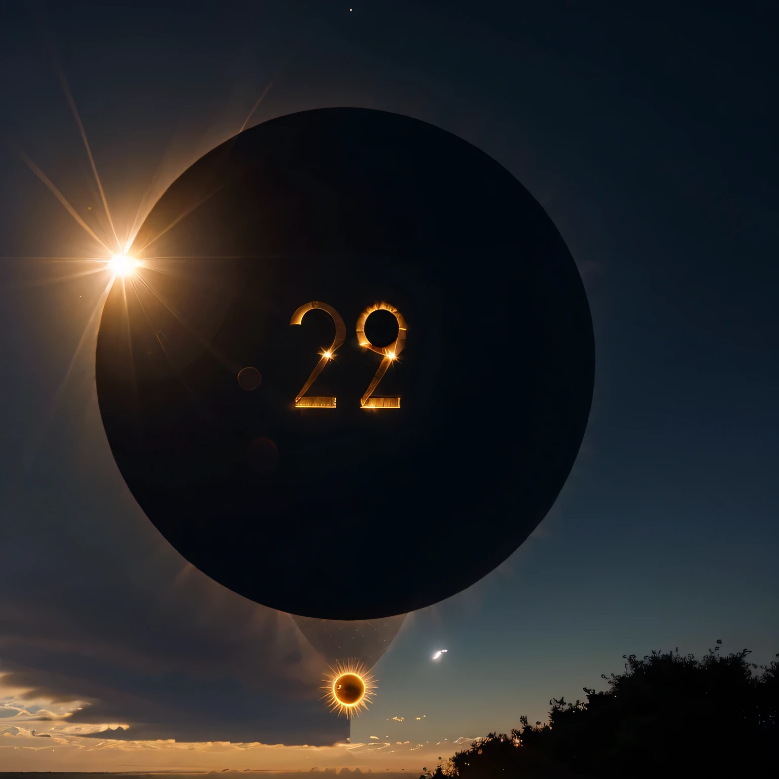 Uma foto realista de eclipse solar, Mathematics letter pi symbol appearing, highlight the year 2023 and the mathematical word of life