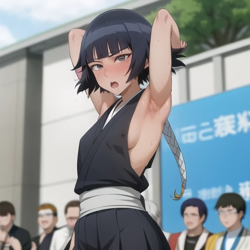 ( Anime screenshots:1.1),outdoor, 
1 girl, alone, black hair, side breasts,permanent, short hair with long locks, Japanese clothing hip vents, short hair, small breasts, (white eyes:1.1),Also available in black, Not wearing, Gloves, And a skirt,low double braids,sash,Facing the audience, looking at the audience, tired,from below, (Show armpits:1.3), Sexy, Sweat，(ahegao), (Roll your eyes), naughty face, blush, open mouth, Sticking out tongue, saliva, Ah Hag ,Put your arms behind your head