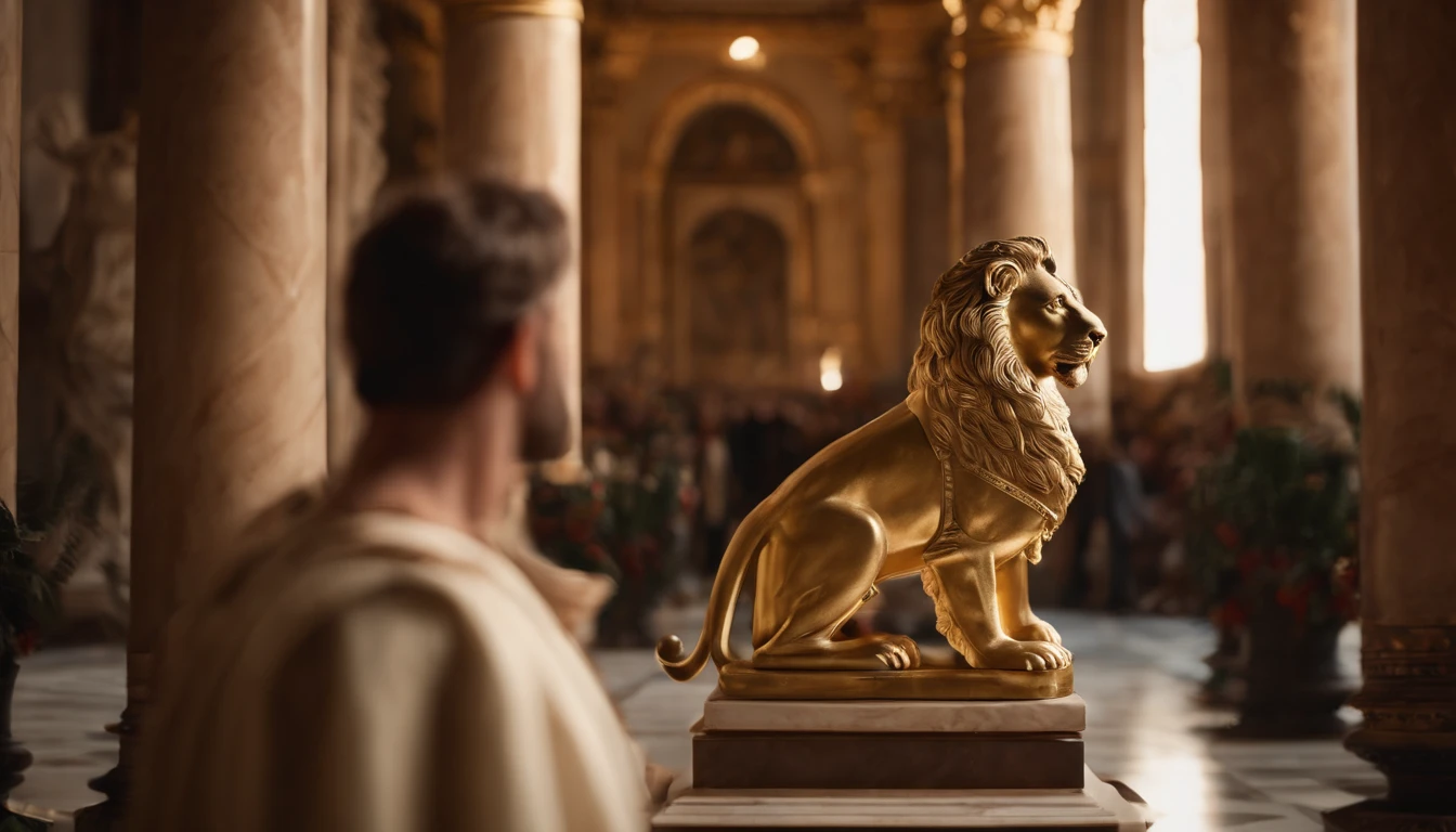 (best quality,4k,highres,masterpiece:1.2),ultra-detailed,realistic,portraits,beautiful detailed eyes,beautiful detailed lips,extremely detailed eyes and face,longeyelashes,roman emperor,Constantine the Great,imperial clothing,grand appearance,regal posture,historical presence,majestic aura,imposing figure,dramatic lighting,marble sculpture-like,ageless beauty,stoic expression,halo-like glow,rich color palette,sumptuous robes,elaborate gold accents,ornate throne,serene background,imperial authority,commanding presence,royal palace,magnificent architecture,awe-inspiring atmosphere,imperial insignia,lion motifs,radiating power,monumental grandeur,eternal legacy,divine ruler,golden age,legendary conqueror,symbol of Roman Empire,inspiration for artists throughout history.