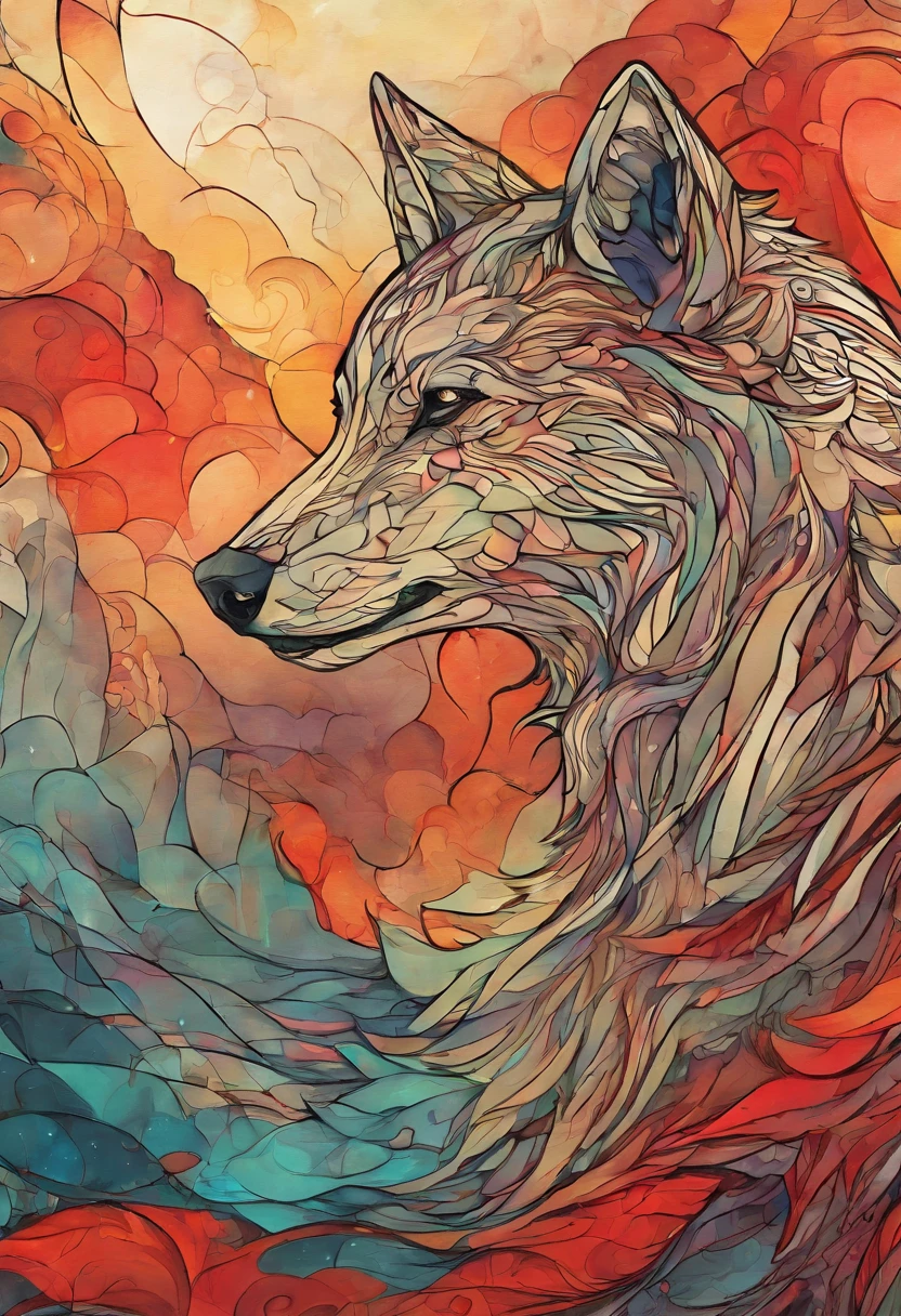 close-up scene partial front view; details in 8k; precision in details; Pablo Picasso style drawing. Wood splash; high contrast of gloomy colors; Abstract artistic drawing textured background of a beautiful wolf with long red fur, illustration, illustration in pastel tones, professional illustrator, gothic style, ink and watercolor paintings, alcohol ink, vibrant colors, perspective view, centered, lines in perspective;