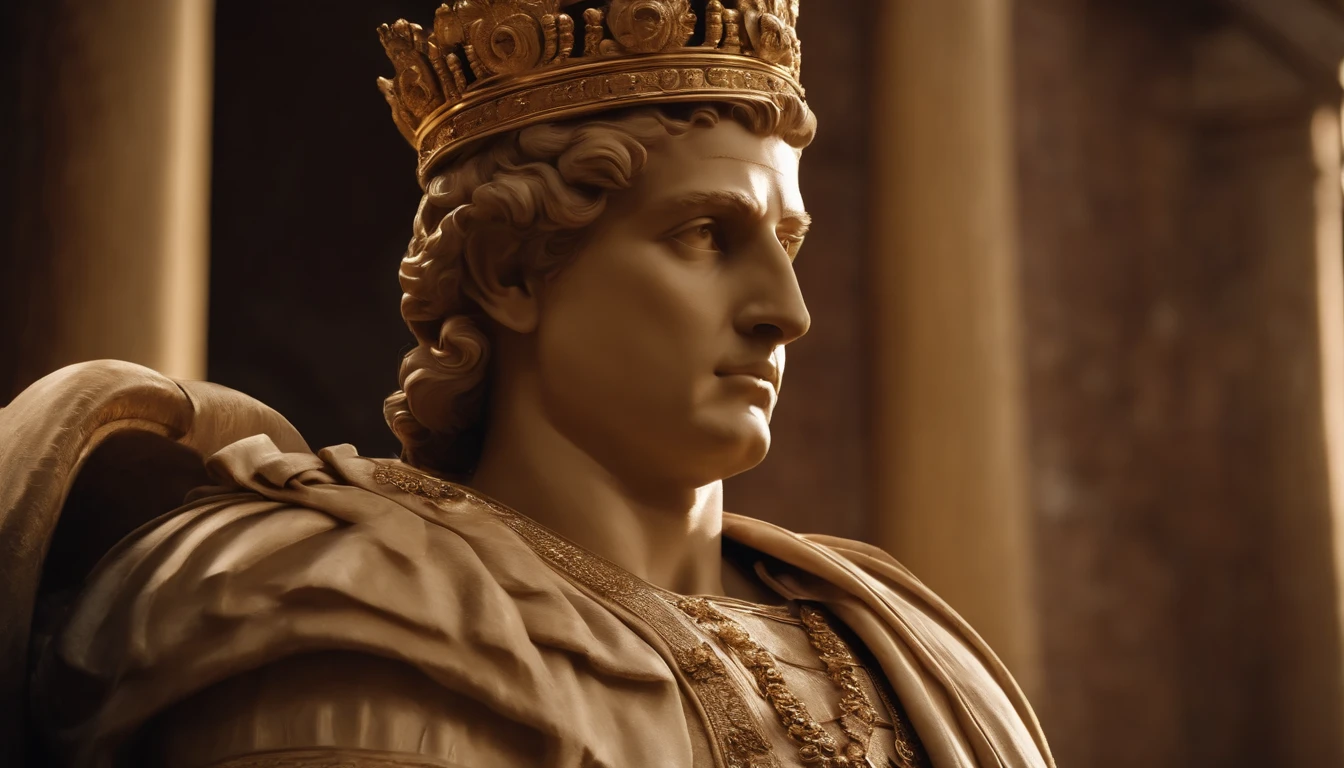 (best quality,4k,highres,masterpiece:1.2),ultra-detailed,realistic,portraits,beautiful detailed eyes,beautiful detailed lips,extremely detailed eyes and face,longeyelashes,roman emperor,Constantine the Great,imperial clothing,grand appearance,regal posture,historical presence,majestic aura,imposing figure,dramatic lighting,marble sculpture-like,ageless beauty,stoic expression,halo-like glow,rich color palette,sumptuous robes,elaborate gold accents,ornate throne,serene background,imperial authority,commanding presence,royal palace,magnificent architecture,awe-inspiring atmosphere,imperial insignia,lion motifs,radiating power,monumental grandeur,eternal legacy,divine ruler,golden age,legendary conqueror,symbol of Roman Empire,inspiration for artists throughout history.