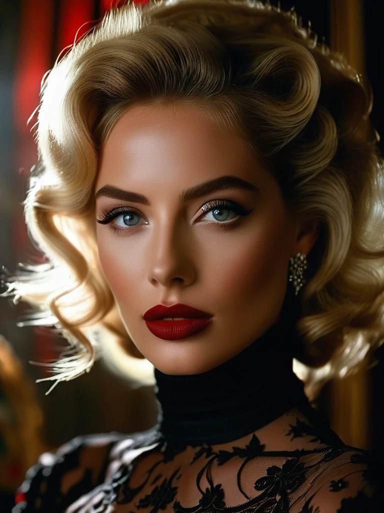 RAW profile photo, close-up, dark atmosphere, masterpiece, cinematic film still of a blonde beautiful woman [Elizabeth II:Maude Adams:0.45], detailed eyes,eyeliner, darkred lipstick, black lace turtleneck dress, tack sharp focus on eyes, Sensual, lustful, seductive, intricate, ultra detailed, 8k, 