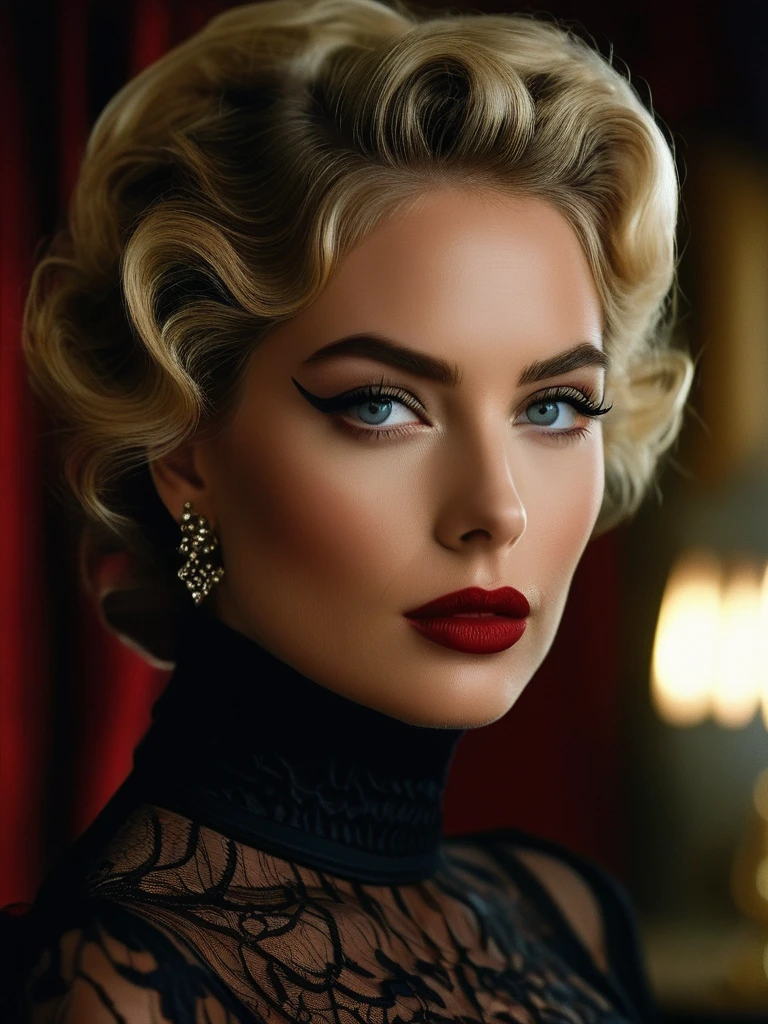 RAW profile photo, close-up, dark atmosphere, masterpiece, cinematic film still of a blonde beautiful woman [Elizabeth II:Maude Adams:0.45], detailed eyes,eyeliner, darkred lipstick, black lace turtleneck dress, tack sharp focus on eyes, Sensual, lustful, seductive, intricate, ultra detailed, 8k, 