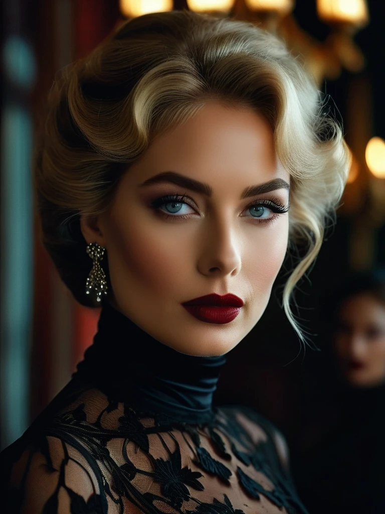 RAW profile photo, close-up, dark atmosphere, masterpiece, cinematic film still of a blonde beautiful woman [Elizabeth II:Maude Adams:0.45], detailed eyes,eyeliner, darkred lipstick, black lace turtleneck dress, tack sharp focus on eyes, Sensual, lustful, seductive, intricate, ultra detailed, 8k, 