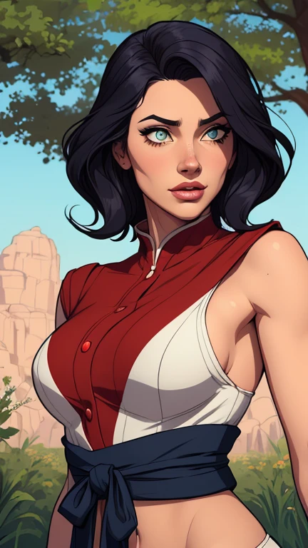 Personagem mulher ninja com marcas de guerras Imagem de desenho animado de uma mulher .cartoon style illustration, estilo de arte dos desenhos animados, estilo de arte dos desenhos animados, digital illustration style, design de personagens altamente detalhado, arte digital detalhada coragem, Forest fan art, Design de personagens de retrato, beautiful digital illustration, retrato de alta qualidade, Arte em quadrinhos, mulher jovem cabelo com transas lindas . Beautiful lined eyes Medium large bust and wonderful sexy clothes. image expression of sexual desire from the waist to the head illustration