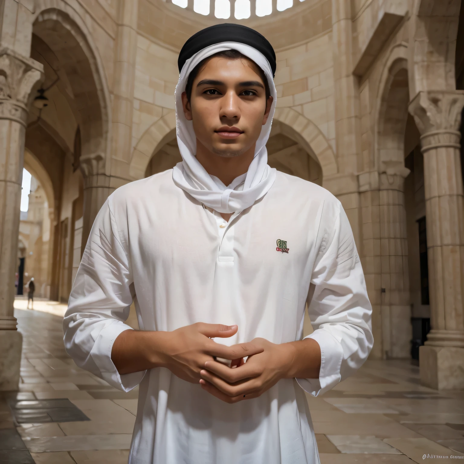 (8k, RAW photo, best quality, masterpiece:1.2), (realistic, photo-realistic:1.37), ultra-detailed, masterpiece HDR high quality Picture a young boy, 17 years old, handsome man, long black messy hair, sharp eyes, white Islamic Cloth, white Islamic Hat, standing in front of the Mosque, expressing a sense of perplexity and curiosity, with a touch of humor, creating a warm and relaxed atmosphere, captured in high resolution (best quality, 4k), with ultra-detailed features, realistic colors, and a touch of bokeh, reminiscent of a candid snapshot.