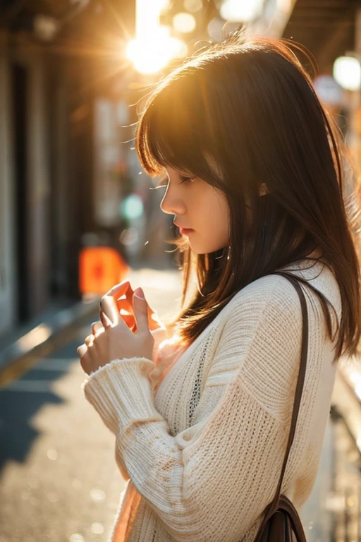 1 woman looking down、beautiful face、worried woman、The light shines on the woman、bright background、Wearing cute clothes、