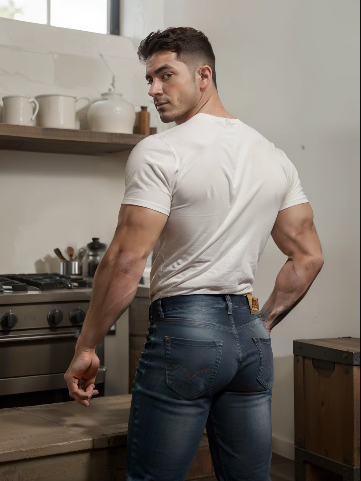 Arafed 47 year old muscular man., un chico increiblemente guapo y robusto, pose de cuerpo completo, de pie, (((manos en los bolsillos))), (((Camisa blanca tipo oxford))), adaptar, ropa interior blanca, sin zapatos, (en la cara: 1.3), facial, cara detallada, Ojos perfectos, serious expression, Corte de pelo corto, fondo industrial, Detalles intrincados, natural lighting, correct anatomy, buena composicion, imagen masculina, varonil, crujiente y crujiente, Textura de la piel. Full body jeans  big butt backside, same model black jeans