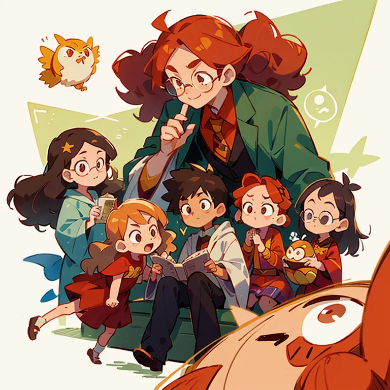 Generate an image of a group of people, one man and four women, owl-themed, Harry Potter, Pokémon, and Colombian.

A magical scene unfolds as one man, donning a Harry Potter-inspired robe and glasses, sits among a vibrant group of four women. Each woman represents an element of the Pokémon universe: the first, a charming Charmander handler with fiery red hair and a cheerful smile; the second, a graceful Squirtle caretaker with long, wavy blonde locks and a thoughtful expression; the third, an intelligent, glasses-wearing Jigglypuff lover with curly brown hair and