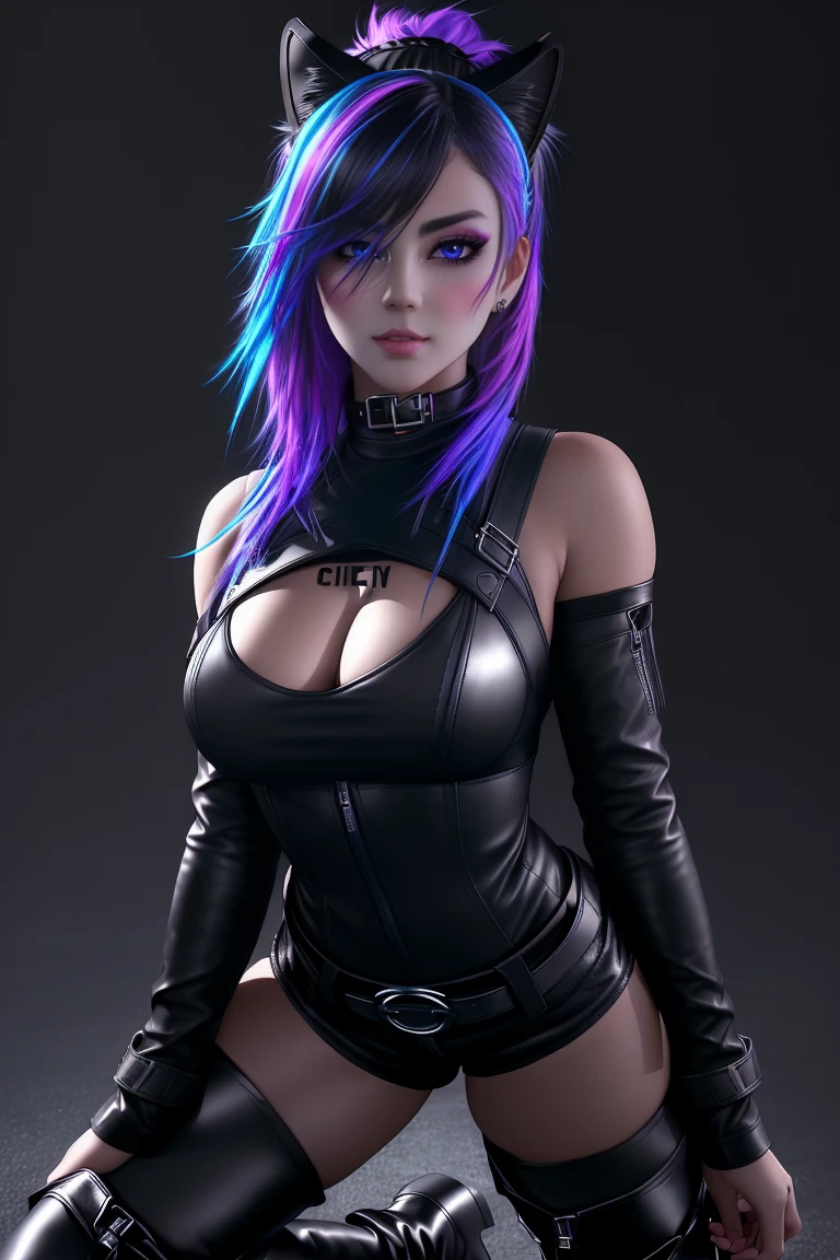 beautiful girl, full body, short bright blue neon streaked dishevelled hair, ((large light realistic detailed eyes:1.3)), ((seductive pose:0.5)), black eyeshadow, (street style wear:1.2), ((tight fitted short pants)), ((thigh high leather boots:1.3)), (dark city night black background:1.4), dark makeup, digital art, trending on artstation, highly detailed, fine detail, intricate, beautiful detailed glow, detailed, Cinematic light, high-res, detailed facial features, sharp focus, smooth, aesthetic,
