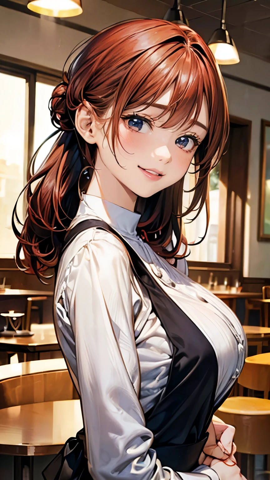 A breathtaking masterpiece、Filmed in breathtaking 8K resolution、The portrait is exquisitely painted、It's real.。The scene is bathed in HDR light..、It depicts a beautiful woman in the middle distance.、((chignon:1.8、straight hair、redhead:1.4))、medium breasts、high school girl、(Cafe:1.4)、((blouse、The apron is beautiful、Store logo included、We welcome our customers with a bright smile。))、(Arched back pose)、Her hands were placed gently on her head、blush、She exudes an aura of grace and charm.