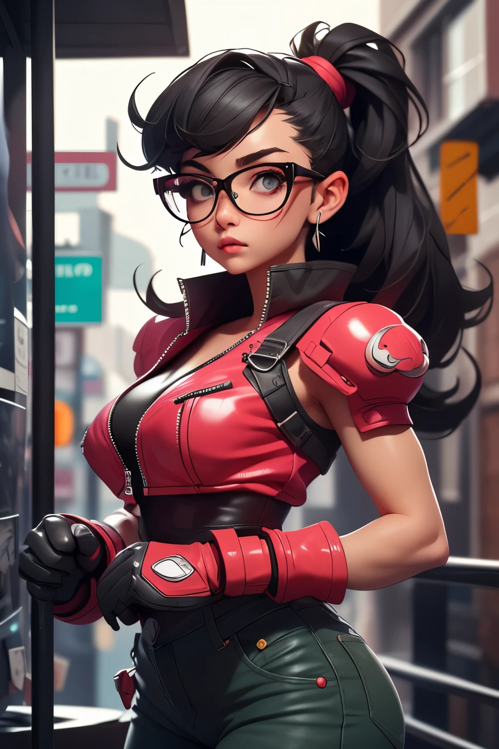Wide angle shot, beautiful female street fighter, wearing large glasses, black undercut hair, Wear large steel gloves