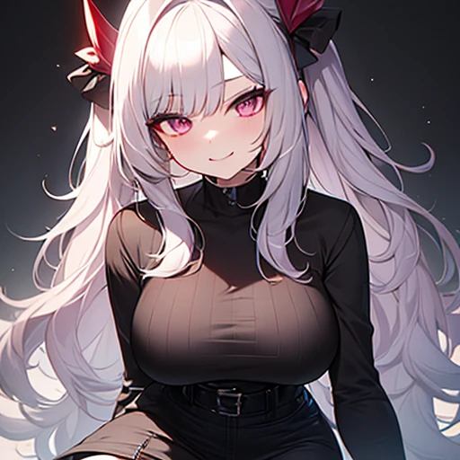  highest quality、silver hair、slanted eyes、pink eyes、pale skin、vampire、Black long sleeve knitted outfit、big breasts、short skirt、knee high boots、sexy、冷酷なsmile、murderous intent、Insanity、cruel、attack、darkness、Ahe face、red nails、smile