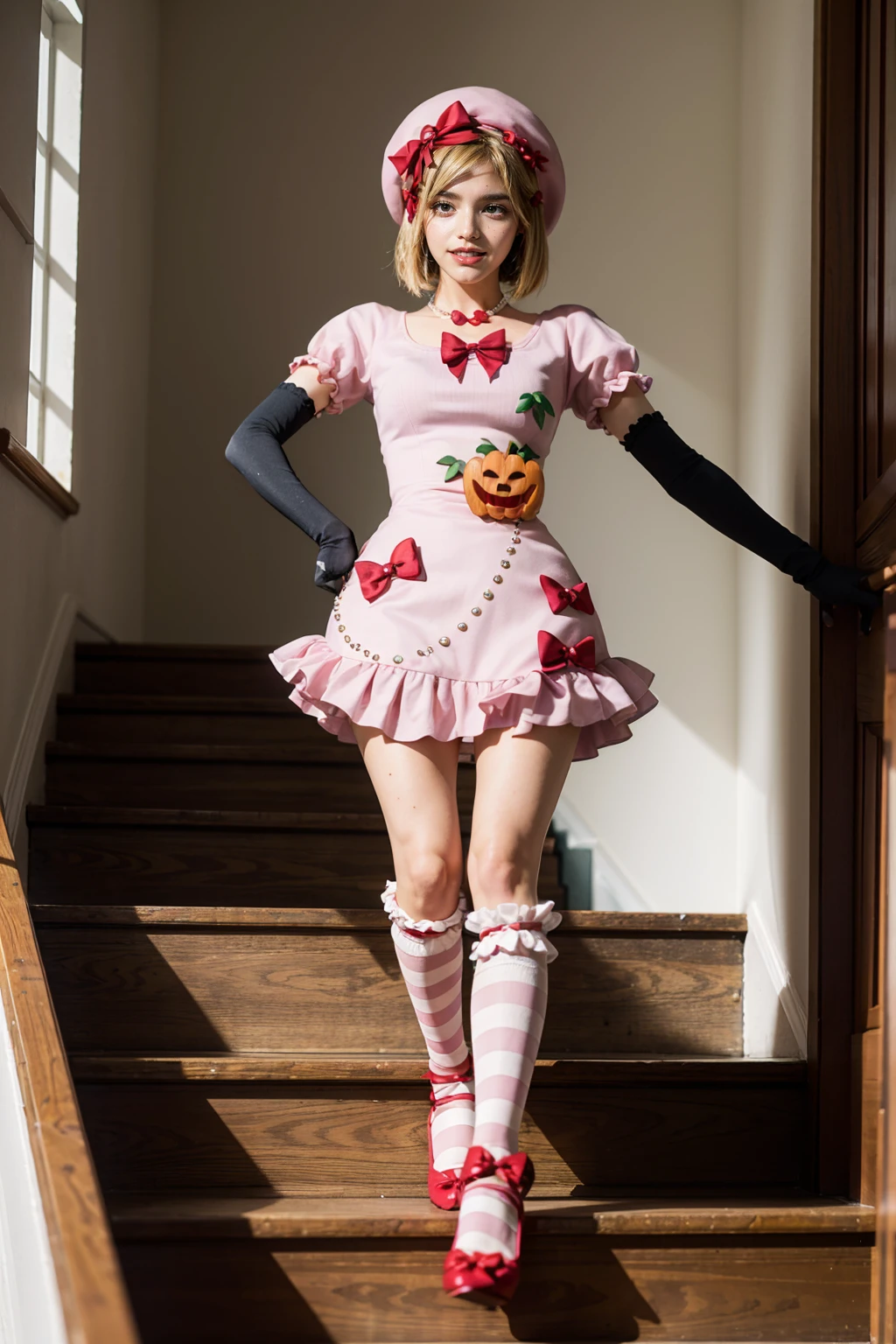 (masterpiece),(best quality), 16k CGI render ((photography)), photorealistic, lambdadelta, dress, shoes bow, red shoes, striped stockings, red bow, pink hat, pumpkin brooch, necklace, gloves, pearl, walking, smile, stairs, temple, mountain, forest, looking at the viewer, close up, pretty face, gorgeous, nice legs,