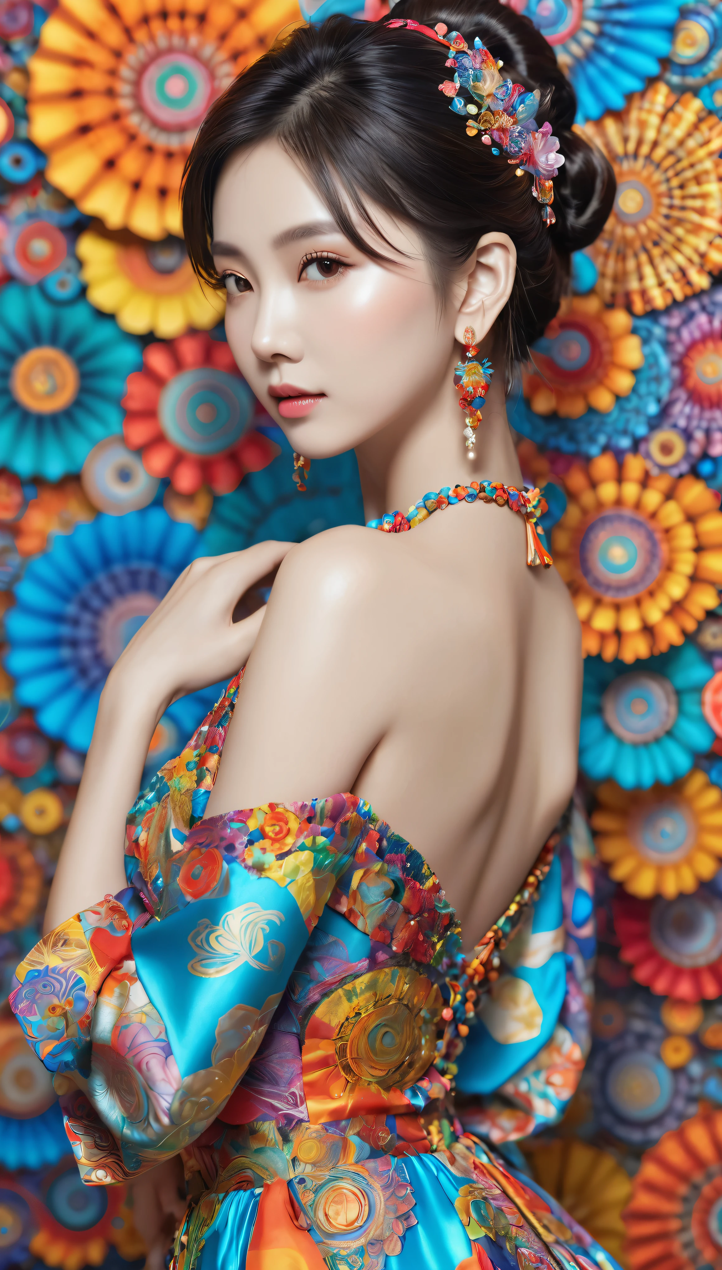 (masterpiece, top quality, best quality, official art, beautiful and aesthetic:1.2), (1girl:1.3), extremely detailed,(fractal art:1.1),(colorful:1.1),highest detailed,(zentangle:1.2), (dynamic pose), (abstract background:1.5), (japanese dress:1.2), (shiny skin), (many colors:1.4), ,(earrings:1.4),