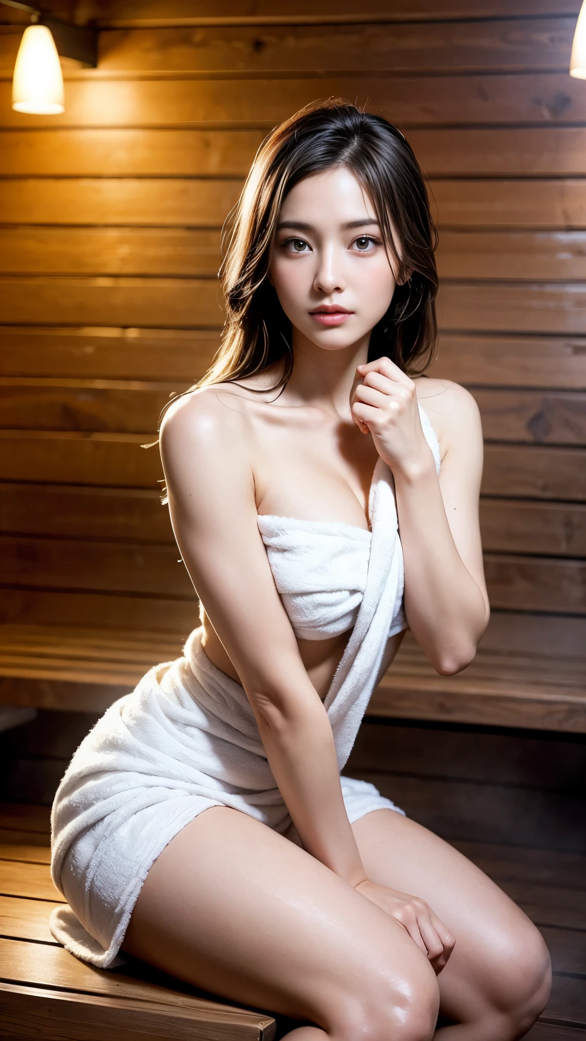 Sexiest towel wrap, she is wraping towel after shower, different model pose, attractive body, professional photography, perfect face, detailed eyes, closeup look, in sauna bath, sitting, seductive looks