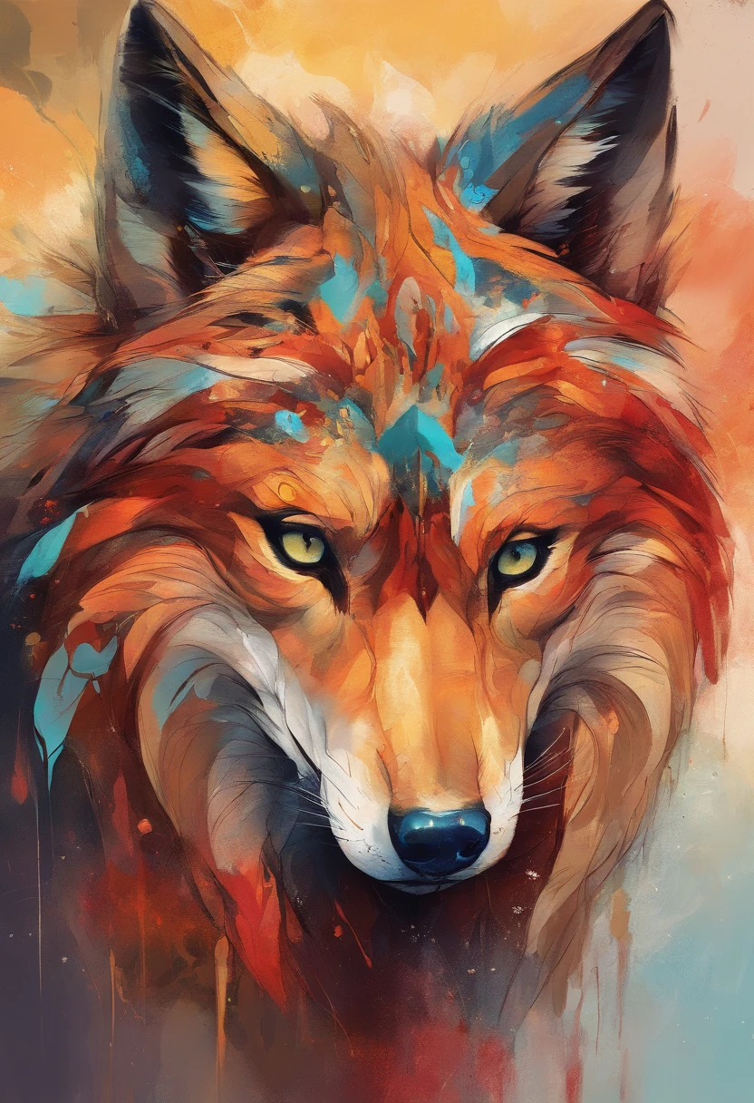 close-up scene partial front view; details in 8k; precision in details; Pablo Picasso style drawing. Wood splash; high contrast of gloomy colors; Textured abstract artistic drawing of a beautiful long red furred wolf, black image background; illustration, illustration in pastel tones, professional illustrator, gothic style, ink and watercolor paintings, alcohol ink, vibrant colors, perspective view, centered, lines in perspective;