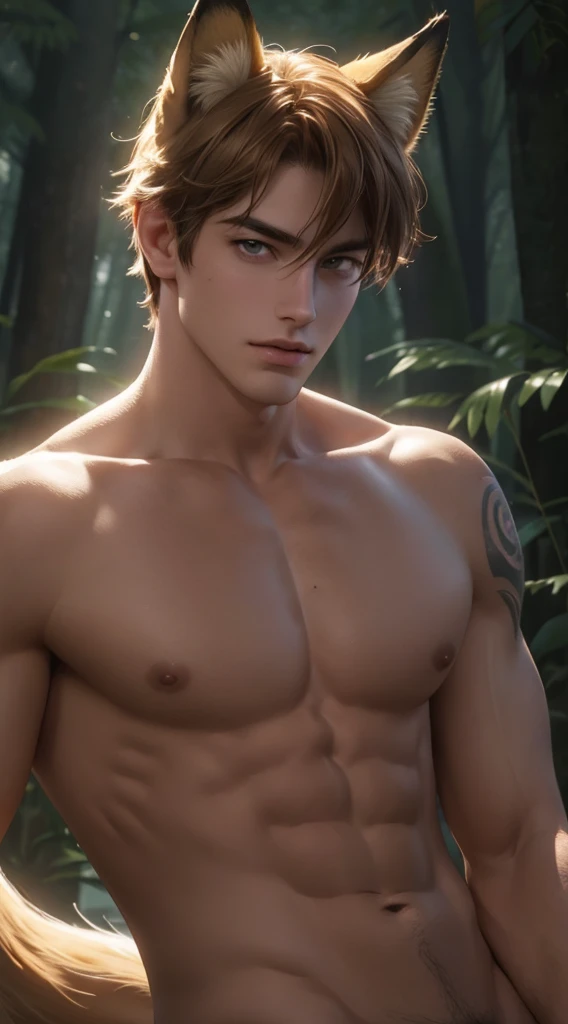 4k, high resolution, best quality, masterpiece, perfect color, perfect shade, perfect lighting, Posted by e621, ((portrait)), ((handsome man)), perfect male figure, Short hair details，Naked torso，Detailed face, perfect face, (stood up), Detailed background, ((Bonifasco Lighting)), (delicate eyes),(animal ears：fox)，((big fluffy tail))，tattoo，((forest))，emaciated