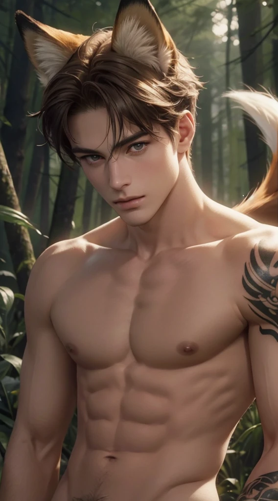 4k, high resolution, best quality, masterpiece, perfect color, perfect shade, perfect lighting, Posted by e621, ((portrait)), ((handsome man)), perfect male figure, Short hair details,Naked torso,Detailed face, perfect face, (stood up), Detailed background, ((Bonifasco Lighting)), (delicate eyes),(animal ears:fox),((big fluffy tail)),tattoo,((forest)),emaciated