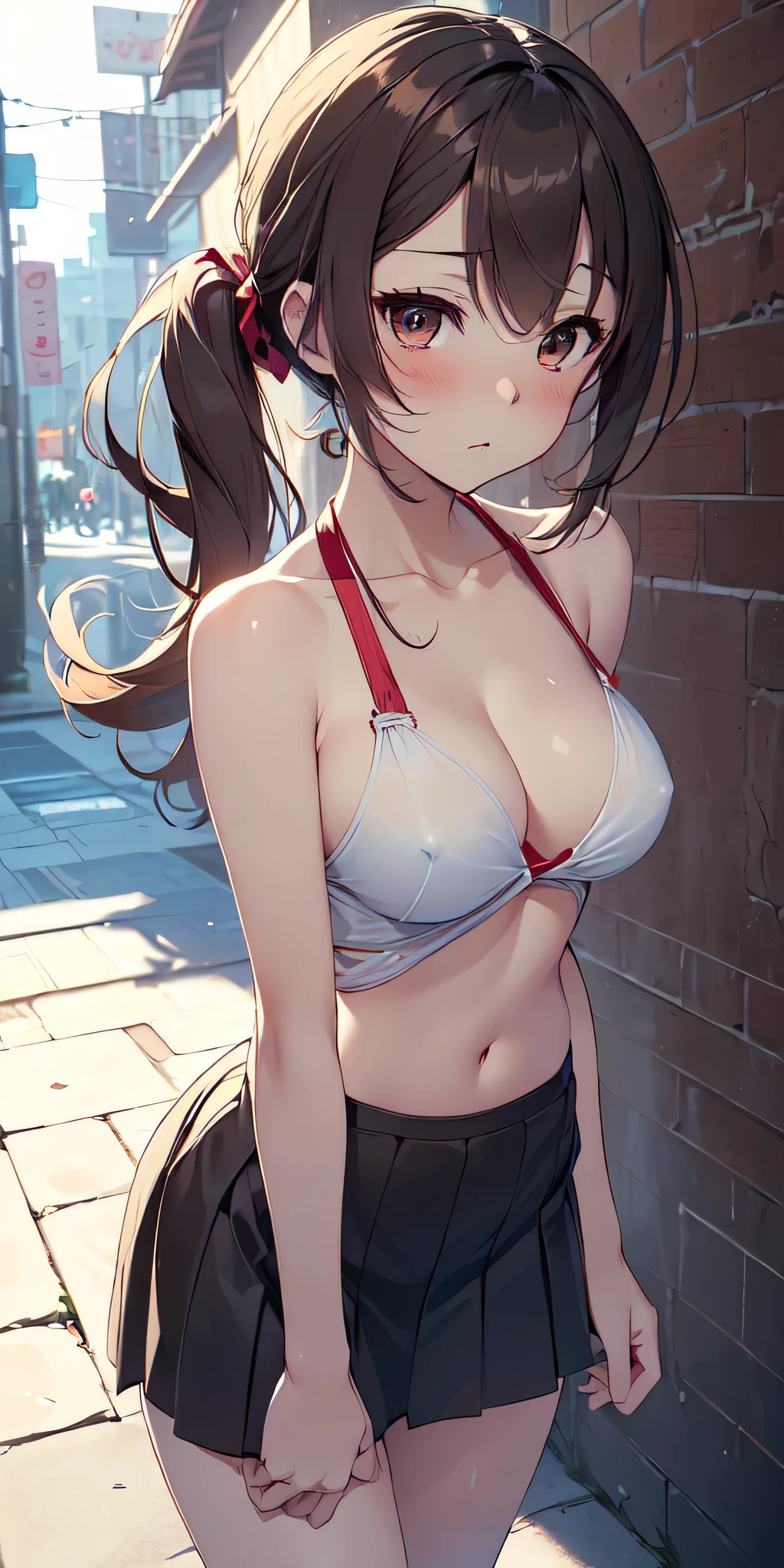 All intricate details: "(masterpiece, best quality, HuTao, 1girl, solo, blush, twintails, long hair, hair between eyes, ((very short street wear clothes)), city, outdoors, night, extremely detailed, firm breasts, medium breasts, smooth, high resolution, ((ultra quality, extremely thin and light clothing transparent as air)), cinematic lighting, ambient occlusion, extremely detailed anime, 80% nude, Extremely wide diamond neckline, all clothes unbuttoned and open, detailed faces, perfect composition, wide shot, atmospheric lighting, very sexy, lift skirt, random low angle, random sexy pose, random angle, see nipple, uncensored, nsfw)
