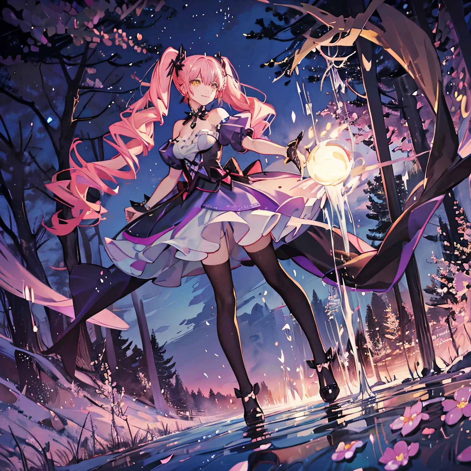 1 girl twintails hair, long hair, pink hair, yellow eyes anime, medium breasts, medium ass, Hairpins, Choker, big smile, happy face, Standin, Purple dress with black details, magic, purple magic in hand, magic shining, girl with magical powers, tired eyes,ultra detailed, 8K wallpaper, Scenery in a forest at night, several trees blurred in the background, particles in the air, cold weather, small puddle of water on the ground, reflections, grass, flowers, bush, At night, fog 