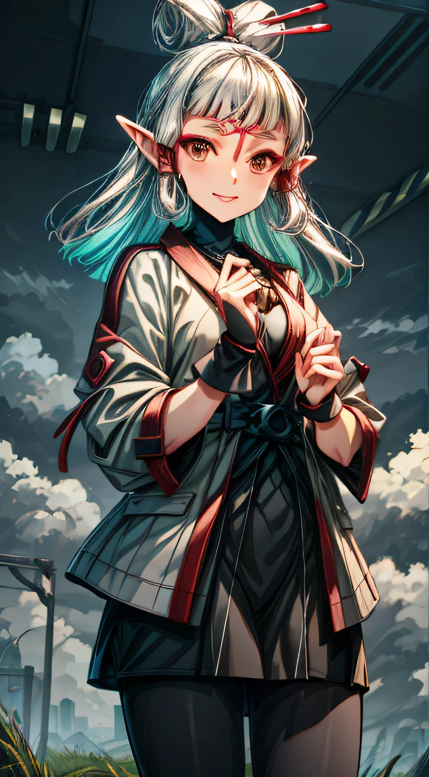 paya, cute elf, wariza,grass,sky,smile, intricate eyes,beautiful detailed eyes,symmetrical eyes,big eyes:1.5, (ultra detailed,extremely detailed),(photorealistic artwork:1.37),(extremely detailed CG unity 8k wallpaper),(((vibrant colors,vibrant theme))),(intricate),(masterpiece),(best quality), dress, uniform, pantyhose,