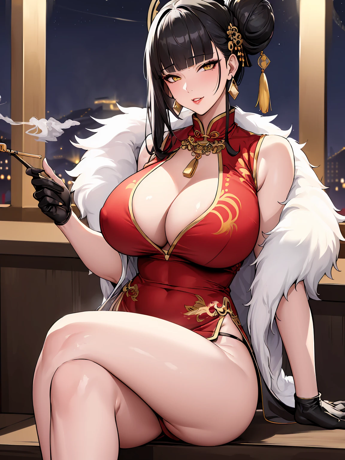 (((absurdres))), (((masterpiece))), (((best quality))), ((ultra-detailed)), ultra high quality, realistic, (real picture, intricate details, depth of field), (1girl, solo), make up, parted lips, highly-detailed, perfect face, (((mature woman, milf))), (large breasts, thick thighs, wide hips, attractive waist), (skindentation), tall, glossy lips, ((toned abdomen)), sexy, blushing, (black hair, blunt bangs, hair bun), necklace, earrings, (beautiful yellow eyes)), ((qipao, pelvic curtain, cleavage, fur jacket, sleeveless, stockings, gloves)), ((jewellery, necklace, hair ornaments, hair accessories, earrings, bracelets)), alluring smile, (((night, chinese city))), ((erotic pose, sitting down, legs crossed)), (holding_smoking_pipe)