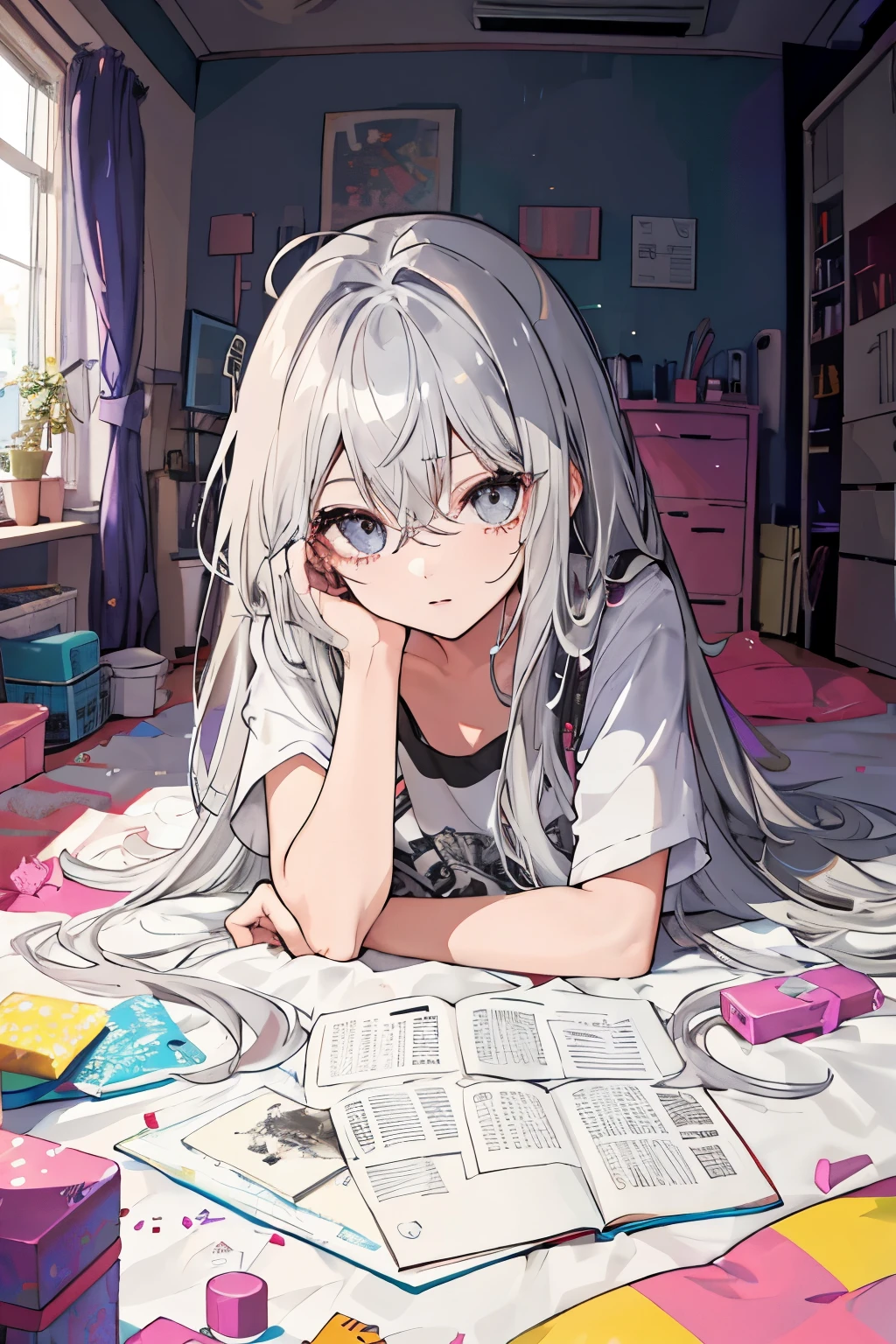 pretty girl, silver hair, long hair, messy hair, shiny hair, messy room, Lazing around in the room