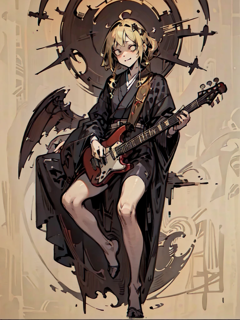 ((Hardcore Punk Girl))、((Blonde slender)), ((heaven)), ((playing the guitar)),cartoon style, Horror elements, Comic book style illustrations, (drawing style), Japanese painting, full body (Spooky), Japanese carving, primitive art, circus, crazy illustration, flat illustration、small eyes