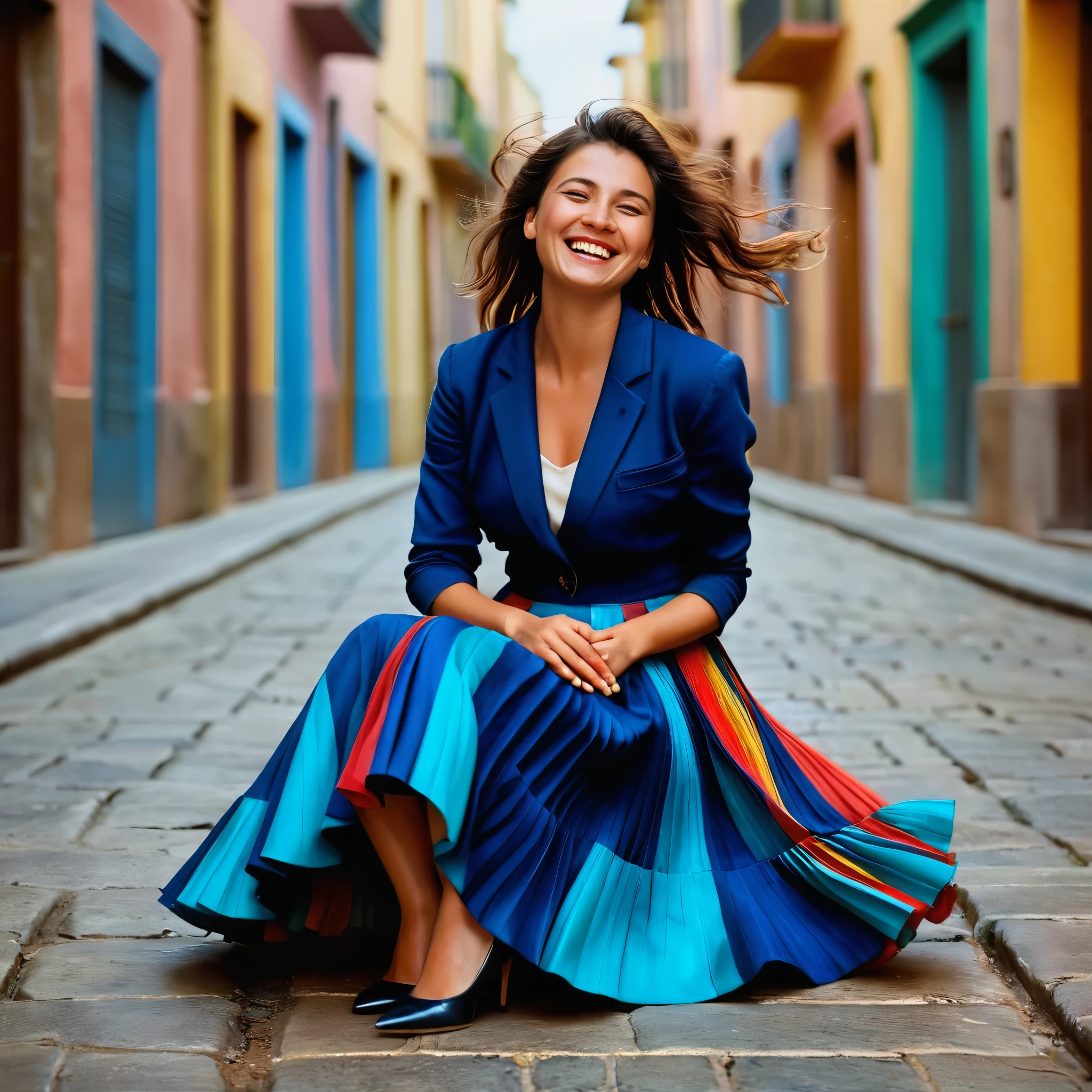 A smiling, authentic, (shy:1,3), kind, beautiful woman, is passionately in love with her skirt, sitting down on the ground while wind lifts her skirt, wearing short blazer and very, very detailed (long (fully pleated) full circle skirt) and (low heeled court shoes), very, very intricate hyper-detailed symmetric (attractive graceful young feminine face) with (sad, tired eyes and a loving smile), very voluptuous breasts, full of empathy and compassion and love, (pronounced (feminine) features), (highly detailed ultra accurate realistic) hands and fingers, (windy), epic composition, highly detailed attributes, (35mm f1.4 Kodak portra 400 photograph), extremely high quality RAW photograph, highly detailed atmosphere, sci-fi, cinematic shot, dynamic lighting, 75mm, Technicolor, Panavision, cinemascope, sharp focus, fine details, 8k, HDR, realism, realistic, key visual, film still, superb cinematic color grading, depth of field