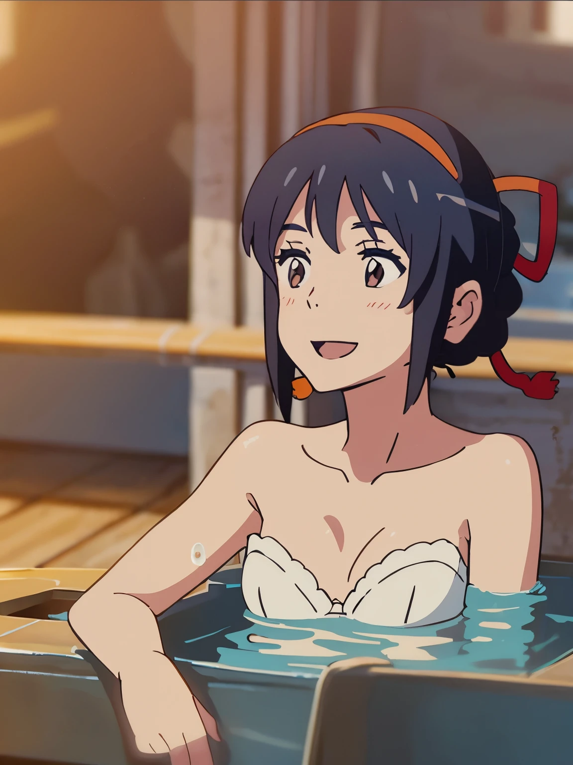 drsizukachan1, dress, Shizuka Minamoto, naked, naked, outdoor, onsen, towel, bare towel, steam, bath, bare deck, partially submerged, water, bath, steam censor, wet towel, dutch angle, cowboy photo, looking at viewer, solitary