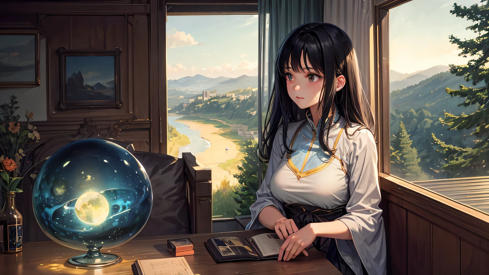 Singular light, alone, woman, cosmic, fantsy, looking away:1.4, adult, busty, Ghibli-like design, living room, sitting, dark hair, studying, face seen from the side, Completely sideways,landscape orientation, side view, bar