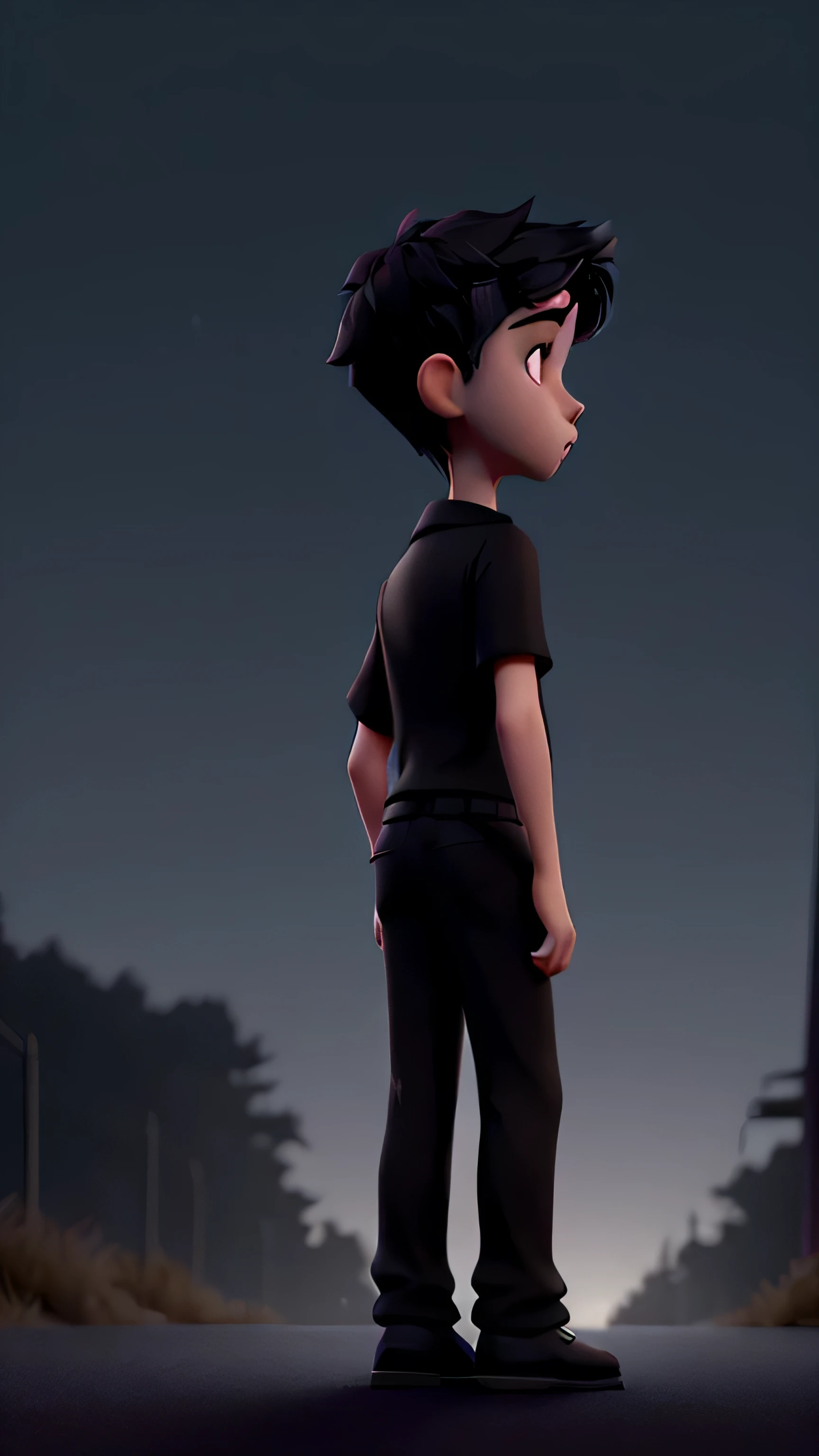 Seen from afar, at night, the surroundings are dark, dressed in black, a boy is standing on the side of the road staring at the lights with his limp body only illuminated by the street lamp above his head.