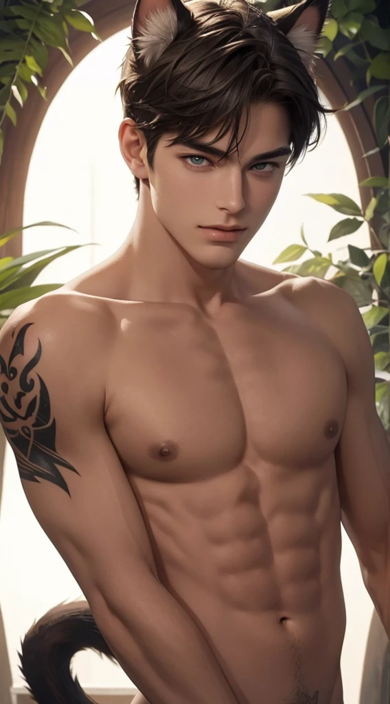4k, high resolution, best quality, masterpiece, perfect color, perfect shade, perfect lighting, Posted by e621, ((portrait)), ((handsome man)), perfect male figure, Short hair details,Naked torso,Detailed face, perfect face, (stood up), Detailed background, ((Bonifasco Lighting)), (delicate eyes),(animal ears:cat),((big fluffy tail)),tattoo,((forest)),emaciated